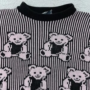 Vintage‎ Adele Sweater Womens CROP FIT Small Black Pink Teddy Bear Knit USA 90s